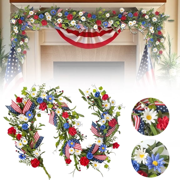 Patriotic Floral Swag Red White Blue Garland Independence Day Decor Artificial Flower Garland Wall Patriotic Decor
