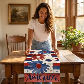 Patriotic Floral Table Runner 13x72 Inch, America Script with Red White Blue Daisies, 4th of July Independence Day Table Decor