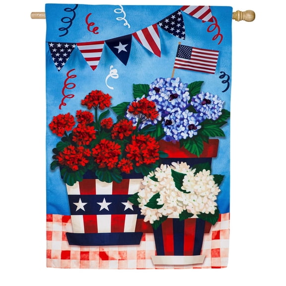 Evergreen Linen House Flag - Patriotic Flower Pot