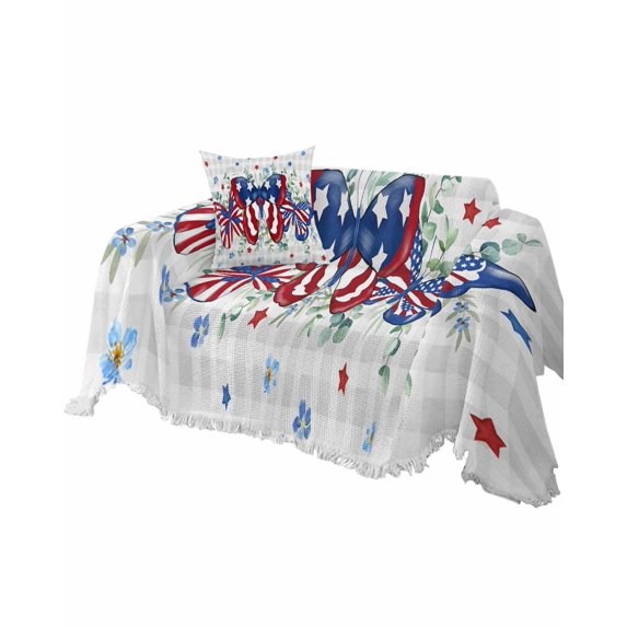 Patriotic Flower Sofa Couch Covers for Dog,Washable Sectional Couch Slipcovers for Loveseat with Tassels,Buffalo Plaid Grey 4th of July Eucalyptus Non Slip Sofa Throw Cover Blanket Large 71x102