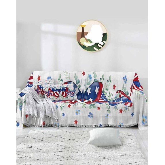 Patriotic Flower Sofa Covers for 3 Cushion Couch,Washable Sectional & L Shape Couch Covers for Dog/Cat/Kid,Buffalo Plaid Grey 4th of July Eucalyptus Non Slip Sofa Slipcover Futon Cover 71x150