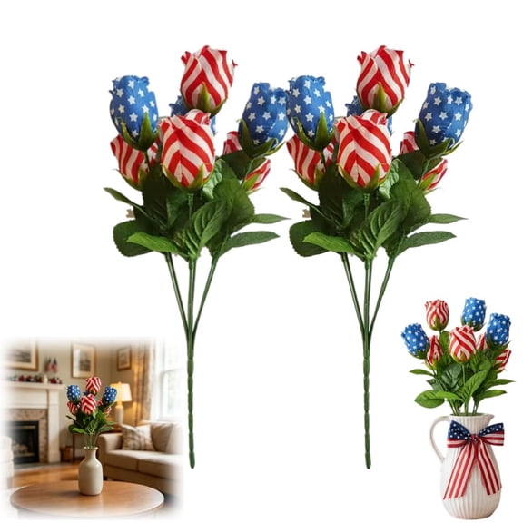 Patriotic Flowers 4th of July Artificial Flower,Red White and Blue American Flag Rose Bouquet