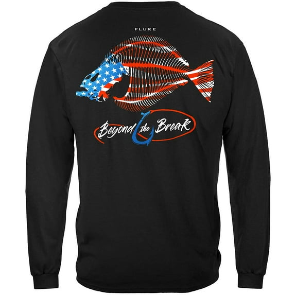 Patriotic Fluke Fishing 100% Cotton Black Long Sleeves T-Shirt Large