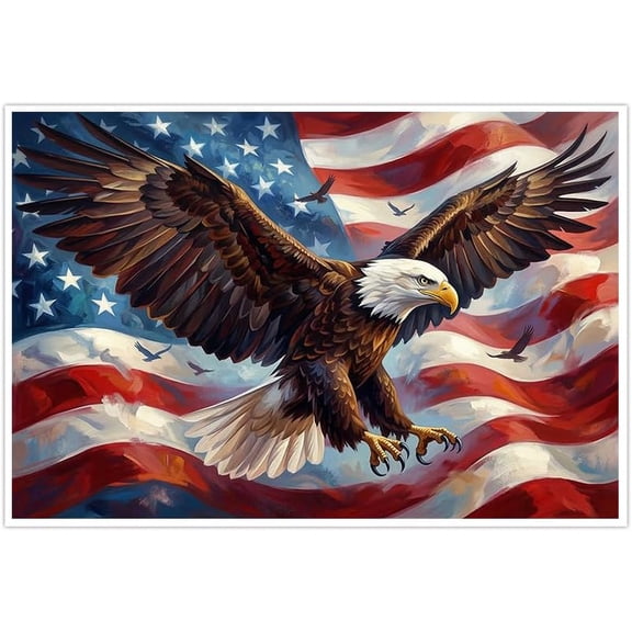 Patriotic Flying Bald Eagle American Flag Canvas Wall Art, USA Freedom Home Decor for Living Room, Bedroom, Office. Inspirational Wildlife Artwork Poster Pictures