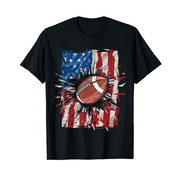 Patriotic Football 4th of July Men USA American Flag Black Crew Neck T-Shirt