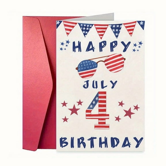 Patriotic Fourth of July Birthday Card - Fun Design with Stars & Stripes, Blank Inside with Envelope