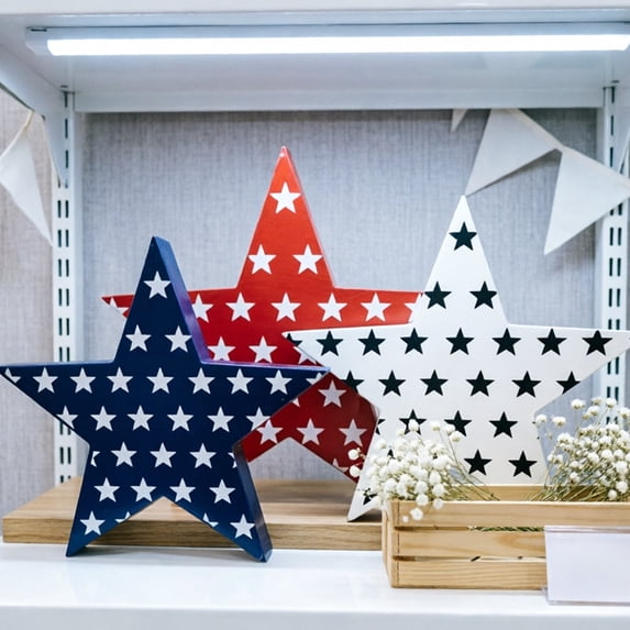 Patriotic Freestanding Wooden Star Decor Trio Printed White Star Design Red Cream Navy Wood Tabletop Centerpiece Vintage Farmhouse Style for July Fourth Memorial Day Kitchen Home Decor Accessories