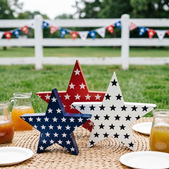 Patriotic Freestanding Wooden Star Decor Trio Printed White Star Design Red Cream Navy Wood Tabletop Centerpiece Vintage Farmhouse Style for July Fourth Memorial Day Kitchen Home Decor Accessories