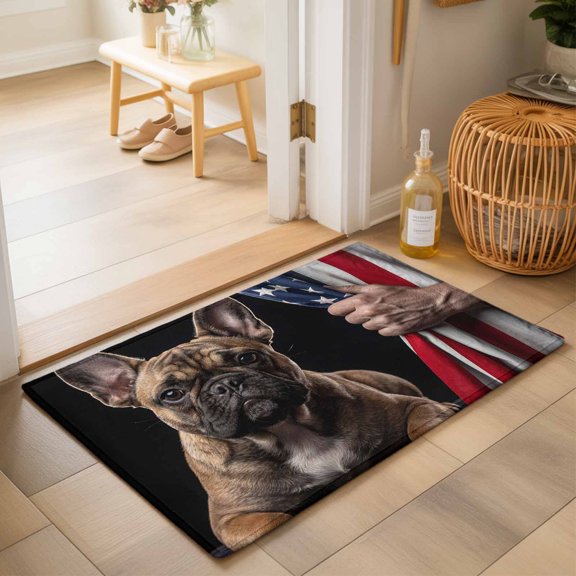 Patriotic French Bulldog Washable Small Entryway Area Rugs 2'x3', American Flag Independence Day Washable Throw Rug Non-Slip Sturdy Edge Binding Carpet for Front Door Floor Room Entry