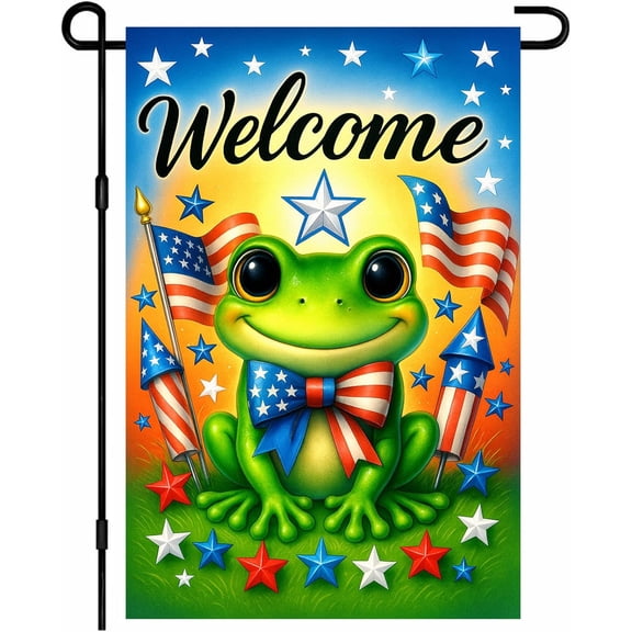 Patriotic Frog Garden Flag 12x18 Inch Welcome Cute Coqui Frog Stars Stripes Flag Firework Patriotic Bow Double Sided Small Vertical Yard Flag Seasonal Outdoor Decoration for Outside Home Front Door L