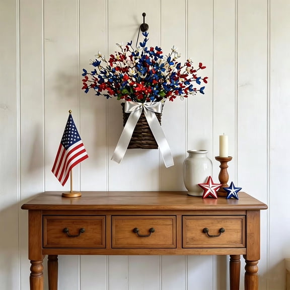 Patriotic Front Porch Decor Red White and Blue Floral Basket for Independence Day Summer Holiday Outdoor Decoration Plastic Material 40cm Size