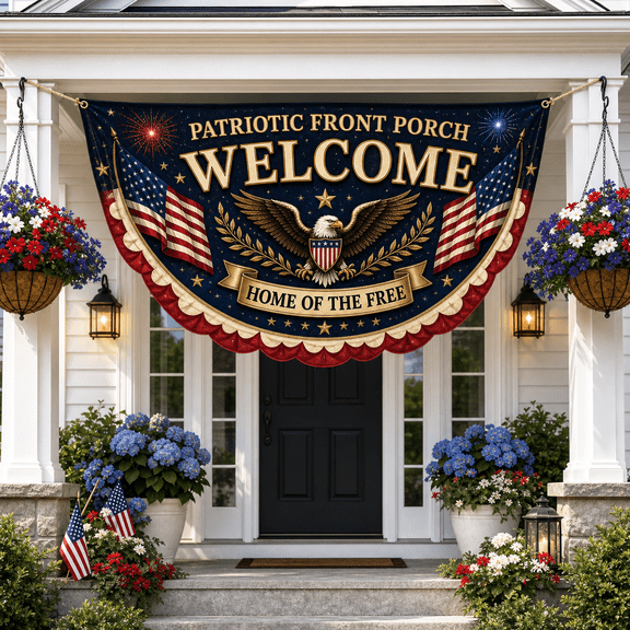 Patriotic Front Porch Semicircle Flag Welcome Bunting for July 4th Decor