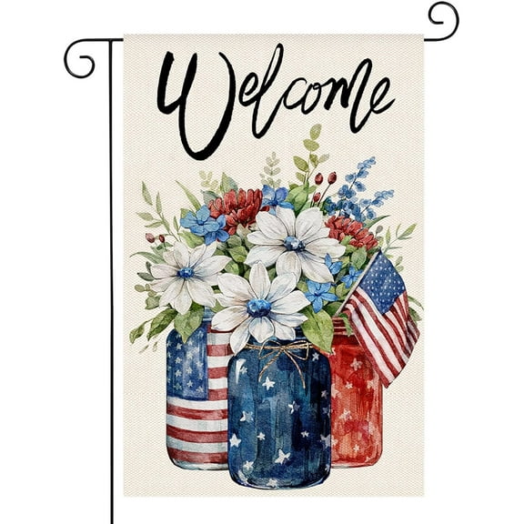 Patriotic Garden Flag 12.5x18 Inch Double Sided Mason Jar Flower American Yard Flag for Outsides, Celebration Summer Holiday Decorations