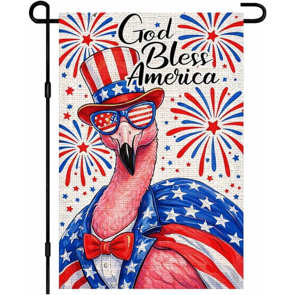 Patriotic Garden Flag 12x18 Inch Burlap Double Sided Flamingo With Sunglasses Outdoor Yard Flag for Independence Day Memorial Day Decor