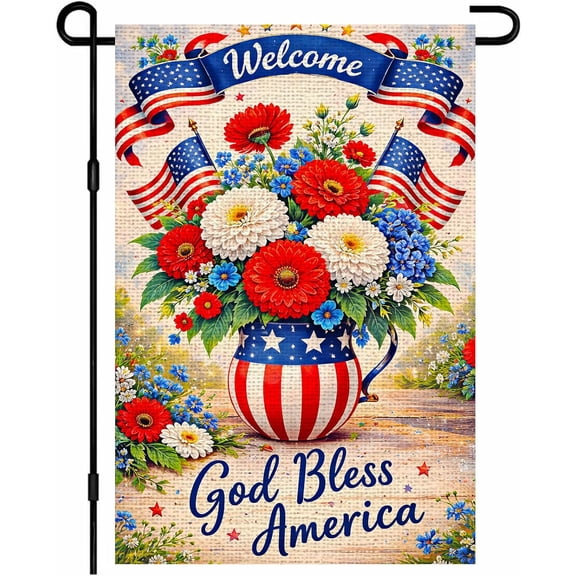 Patriotic Garden Flag 12x18 Inch Burlap Double Sided Welcome Floral American Flag Yard Decoration for 4th of July Memorial Day Outdoor Use