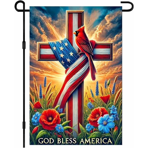 Patriotic Garden Flag 12x18 Inch God Bless America Cardinal Bird Cross American Flag Wildflower Double Sided Small USA Stars Stripes Yard Flag Seasonal Outdoor Decoration for Outside Home Front Door
