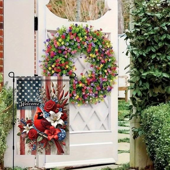 Patriotic Garden Flag 12x18 Inches, Cardinal Bird with Red Roses and American Flag Design, Double-Sided Weather-Resistant Yard Decor for Outdoor Lawn, Patio, and Garden Decoration