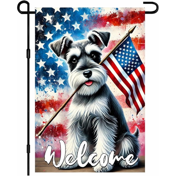 Patriotic Garden Flag Double Sided Schnauzer Dog Welcome Outdoor Yard Flag 12 x 18 Inch for Home Front Door Lawn Porch Patio Decor