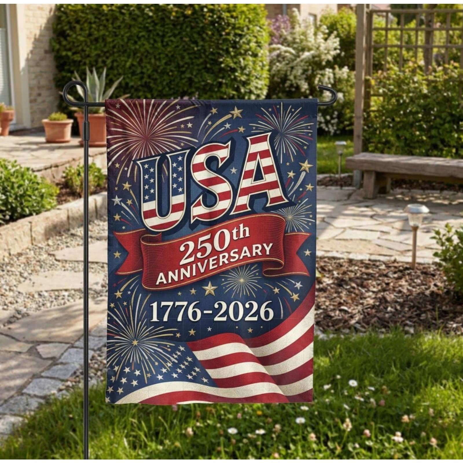 Patriotic Garden Flag USA 250th Anniversary Yard Banner 1776-2026 Semiquincentennial Garden Decoration with Fireworks Design for Outdoor Porch Lawn