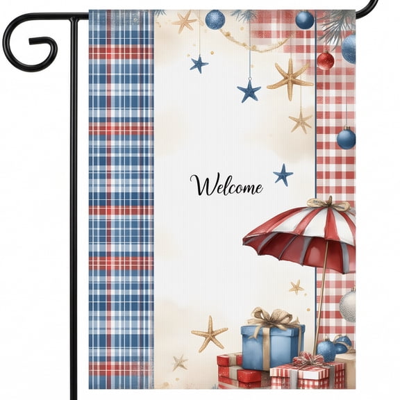 Patriotic Garden Flags A Red White and Blue Plaid Background With Presents and an Umbrella. Welcome America Decorations Standard 28x40 Inch Format Patriotic Home Decorations