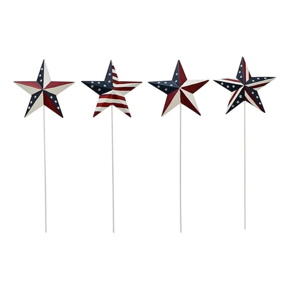 Patriotic Garden Stakes 15.75", 4pcs Metal Star Barn US Flag Yard Art - Memorial Day 4th of July Decor