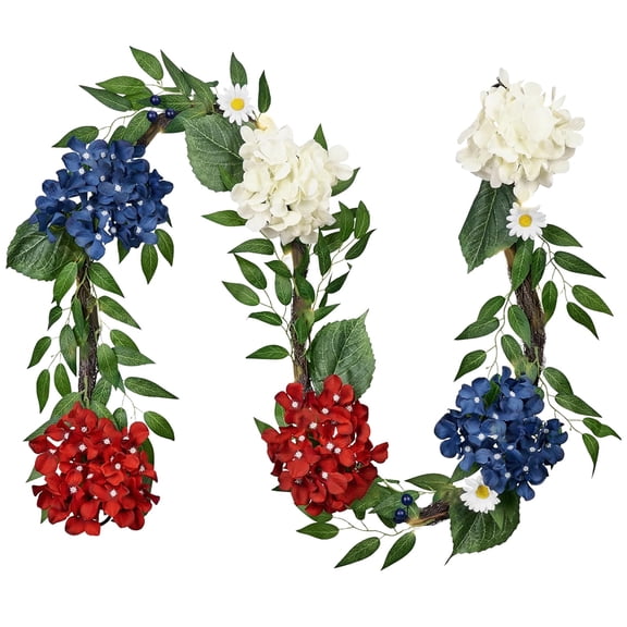 Patriotic Garland,4th of July Hydrangeas Garland for Mantle,6Ft Red White and Blue Summer Floral Daisy Garland with Eucalyptus Leaves Butterfly for Memorial Day Independence Day Home Decor