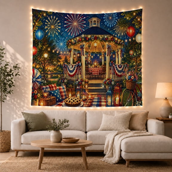 Patriotic Gazebo and Fireworks Scene with Picnic Basket, Cozy Illustration for Patriotic Decor Lovers, Festive Scene Art, Fourth of July Gift, Tapestry Wall Hanging for Bedroom and Living Room