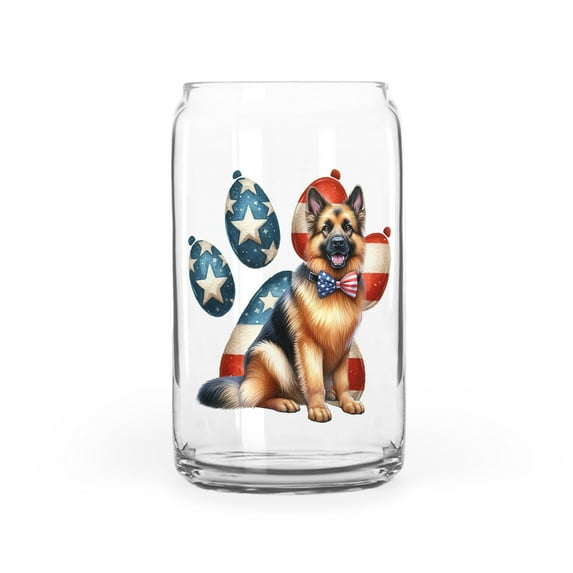 Patriotic German Shepherd 4th of July Independence Paws 16oz Glass Cup Mug Alsatian Dog Lover Gifts Glass Can - 02010