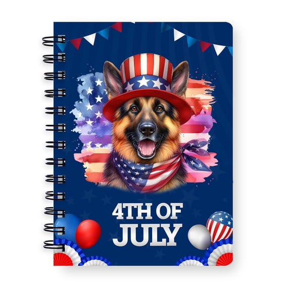 Patriotic German Shepherd Celebrates 4th of July Spiral Bound Journal Alsatian Dog Lover Gifts 5x7in Spiral Notebook - 02009