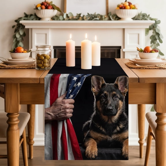 Patriotic German Shepherd Dining Table Runner, American Flag Independence Day Washable Table Runners Kitchen Coffee Table Center Decor for Home Party Holiday Wedding 13 x 36 Inches