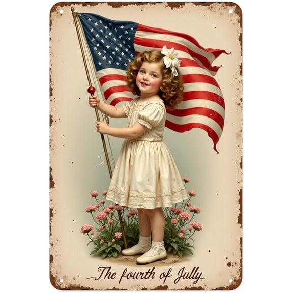 Patriotic Girl American Fourth July Celebration Tin Sign 12 x 8 Inch Vintage Wall Decor