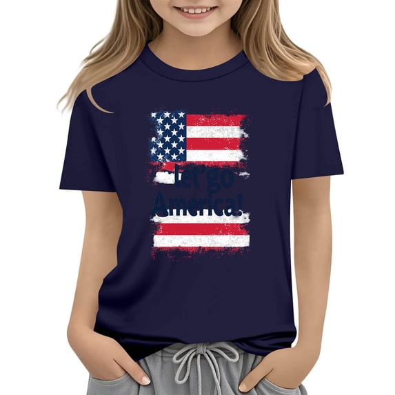 Patriotic Girls 4th of July Shirt American Flag Kids 250 Years Independence Day Tee (Navy, 3-4 Years),Size 5-6 T