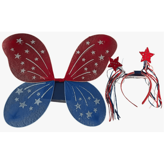 Patriotic Glitter Fairy Wings and Head Band Set for Independence Day - Red, White, and Blue Glitter Colors with Elastic Straps for Comfortable Wear