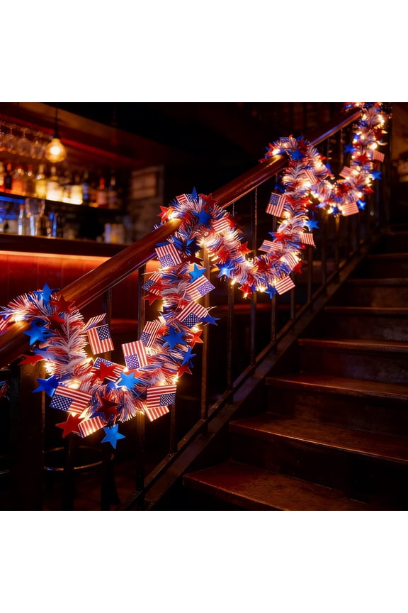 Patriotic Glitter Tinsel Garland Decoration, Luminous Red White Blue Star Metallic Tinsel Twist Garland, 4th of July Decor Cart Shiny Tinsels for Car Bike Independence Day Memorial Day Decor