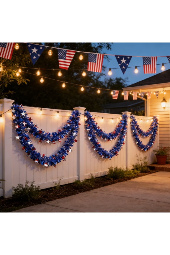 Patriotic Glitter Tinsel Garland Decoration, Red White Blue Star Metallic Tinsel Twist Garland, 4th of July Decor Parade Golf Cart Shiny Tinsels for Car Bike Independence Day Memorial Day Decor