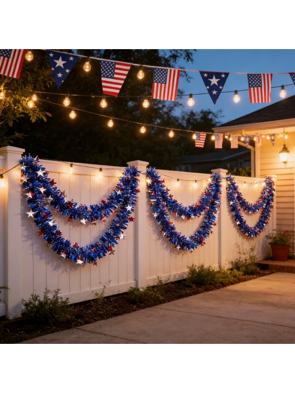 Patriotic Glitter Tinsel Garland Decoration, Red White Blue Star Metallic Tinsel Twist Garland, 4th of July Decor Parade Golf Cart Shiny Tinsels for Car Bike Independence Day Memorial Day Decor