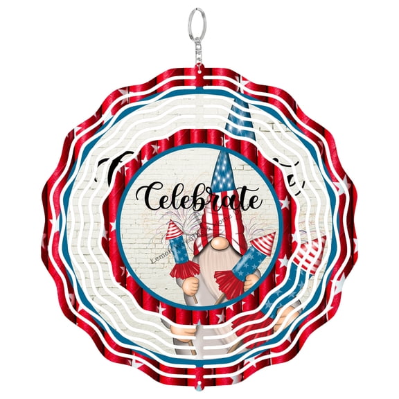 Patriotic Gnome 3D Wind Spinner Window Hanging Decor Holiday Americana Red White Blue