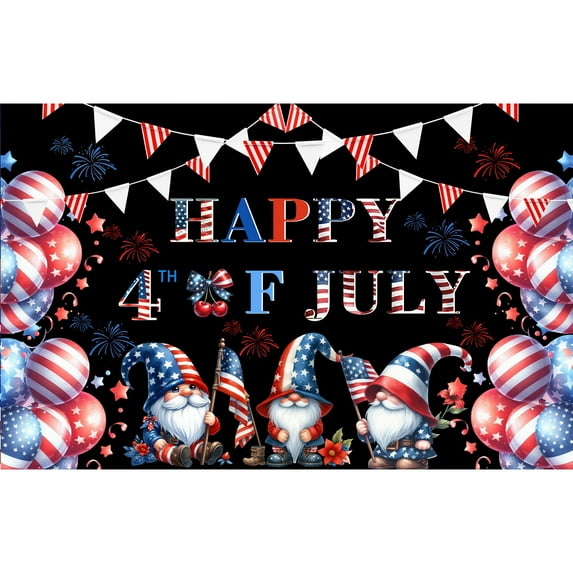 Patriotic Gnome 4th of July Banner – Happy 4th of July Decorations with Balloons and Bunting – Perfect for Independence Day Celebrations, Parties, and BBQs
