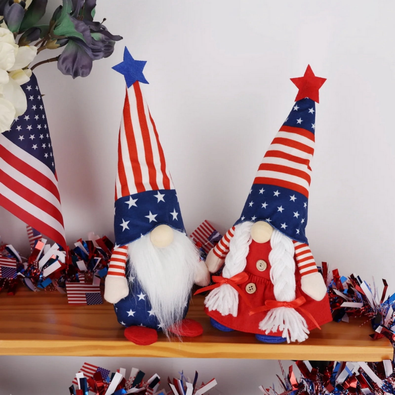 Patriotic Gnome Decorations 4th Of July Decor Set, Plush Independence Day Tabletop Gnome Couple Weighted Bottom Handmade Standing Accent, For Tiered Tray Desk Shelf Memorial Day Home Party