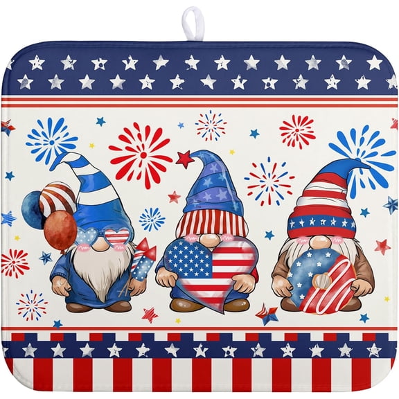 Patriotic Gnome Drying Mat 16x18 Inch American Memorial Day Independence Day Microfiber Dish Drainer Super Absorbent Dish Rack Mat for Kitchen Counter Holiday Decor