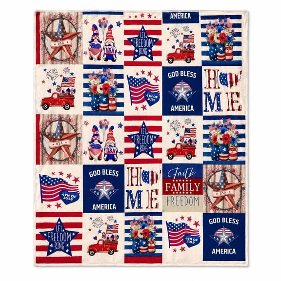 Patriotic Gnome Fleece Throw Blanket, Americana Patchwork Print, 280 GSM