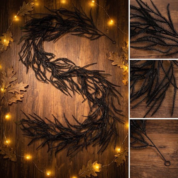 200cm Black Norfolk Artificial Garlands with Realistic Needle Leaves and Flexible Wire Core, Spooky Holiday Decoration for Fireplace, Door Frame, and Staircase Railing.