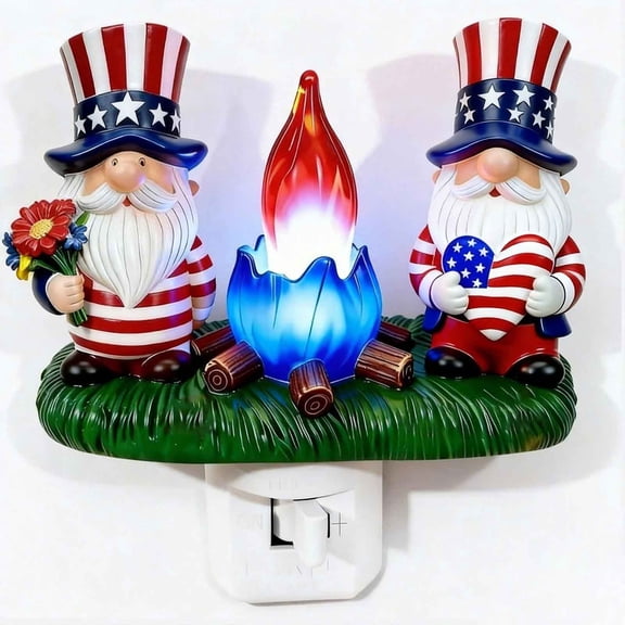 Patriotic Gnome Nightlight for Independence Day Decor, Hand-Sculpted Resin Uncle Dwarf with Flicker LED Plug Lamp, 4th of July Holiday Lighting for Bedroom Entryway Festive Ambiance