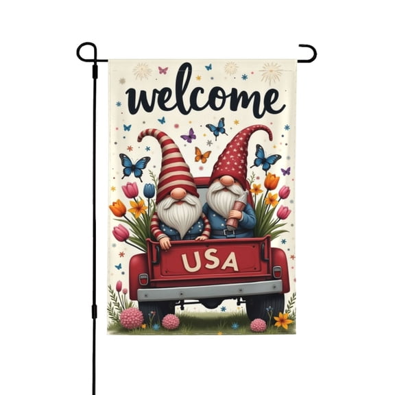 Patriotic Gnome Welcome Garden Flag 12x18 Inch Double Sided – USA Truck Spring Summer Outdoor Yard Decoration For Porch, Lawn & Patio