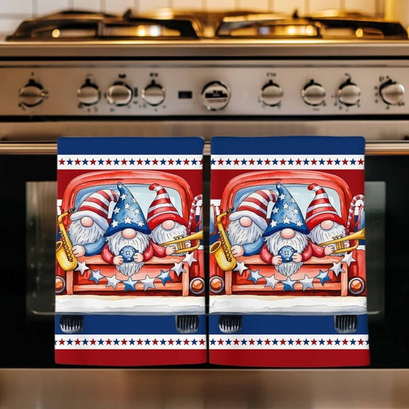 Patriotic Gnomes Kitchen Towels Set of 1, Independence Freedom Blue Red Striped Absorbent Dish Towels for Kitchen, Microfiber Hand Towel, Quick Drying Tea Towel for Cleaning Decorative Dishcloths