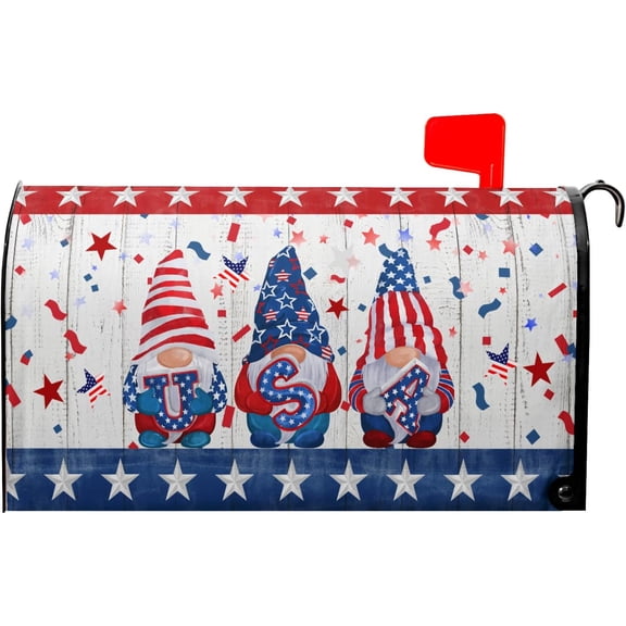 Patriotic Gnomes Mailbox Cover Magnetic 4th of July Elf USA Stars Independence Day Mailbox Wrap Post Cover Standard Size 21"x18" for Garden Yard Outdoor Outside Holiday Decor