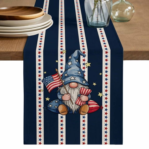 Patriotic Gnomes Table Runner 90 Inches, Independence 250 Memorial Navy Striped Bed Runner Dresser Scarves Tabletop for Indoor Outdoor Parties/Ceremony/Banquet, 13" x 90"