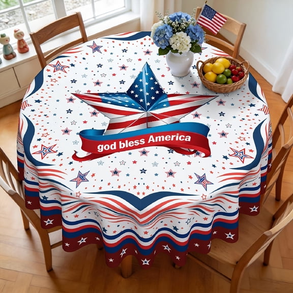 Patriotic God Bless America 2D Print Round Tablecloth, 35/49/60/71 Inch, 4th of July Star Cover for Kitchen Dining Holiday Parties, Memorial Day Independence Day Gift