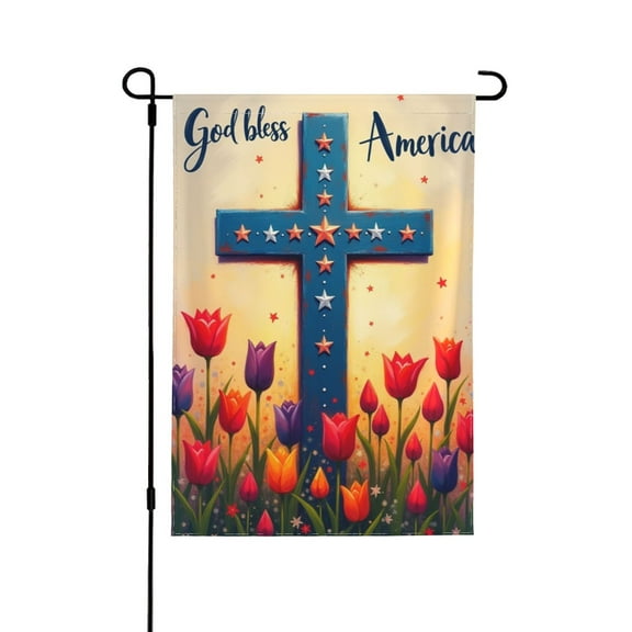 Patriotic God Bless America Garden Flag 12x18 Inch Double Sided American Flag Cross & Tulips Spring Summer Outdoor Yard Decor