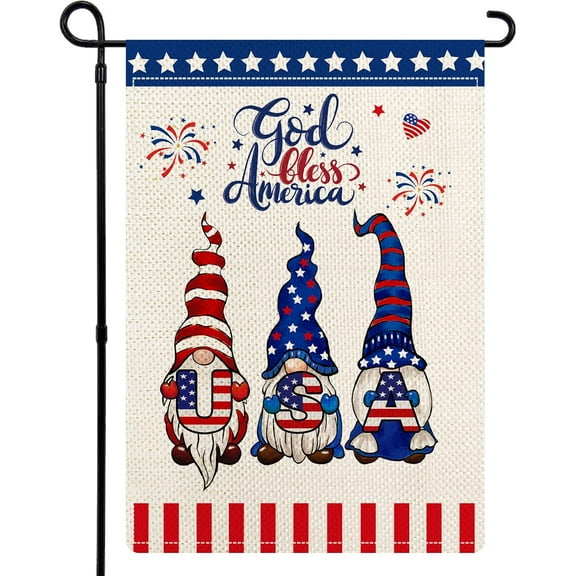 Patriotic God Bless America Garden Flags for Outside, 4th of July Gnomes American Flag, Double Sided Independence Day Summer Welcome Garden Flag 12.5x18 for Yard Lawn Farmhouse Decor